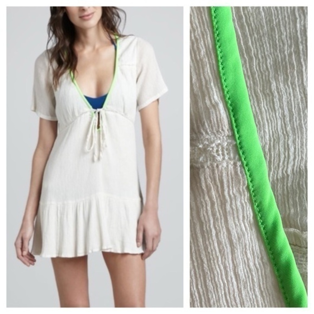 Basta Surf Beige Lime Green Gauze Mini Dress Swim Cover Up XS